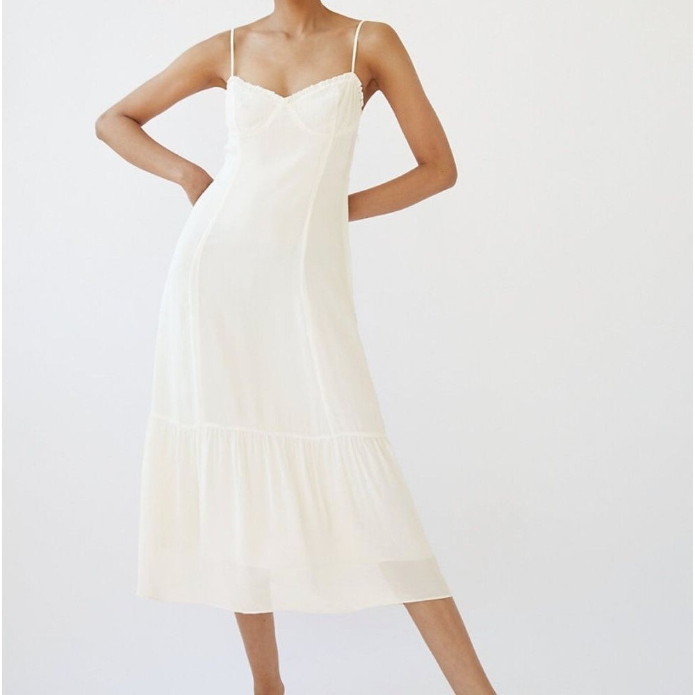 Aritzia Wilfred Broadway Midi Dress Ruffle Slip Sweetheart Light Birch Size 10